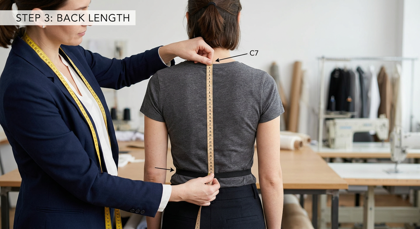 Tutorial still for back length measurement. Measuring from the base of the neck to the natural waistline. Clear, professional demonstration.