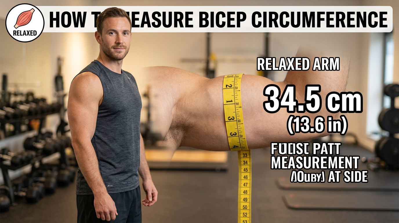Measurement guide thumbnail for bicep circumference. Arm relaxed at side, tape measure around the fullest part of the upper arm.