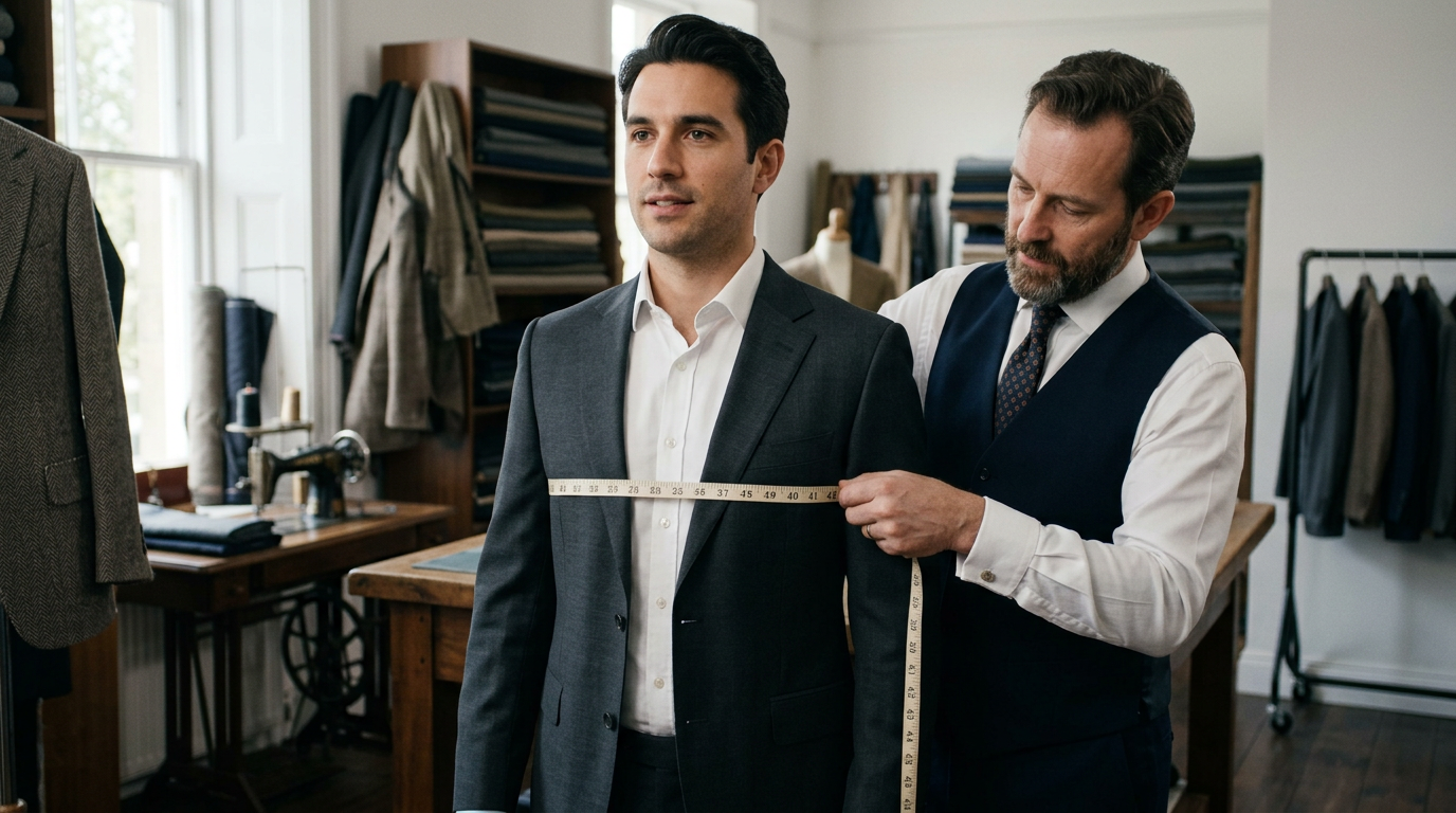 Instructional high-quality video still of a person being measured for their chest for a bespoke suit. Soft tape measure around the chest, parallel to the floor. Professional tailoring studio lighting, clean background.
