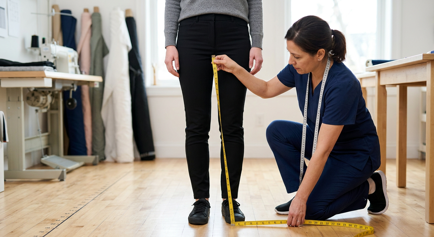Tutorial still showing trouser inseam measurement. Measuring from the crotch down to the floor. Clear, high-quality instructional photography.