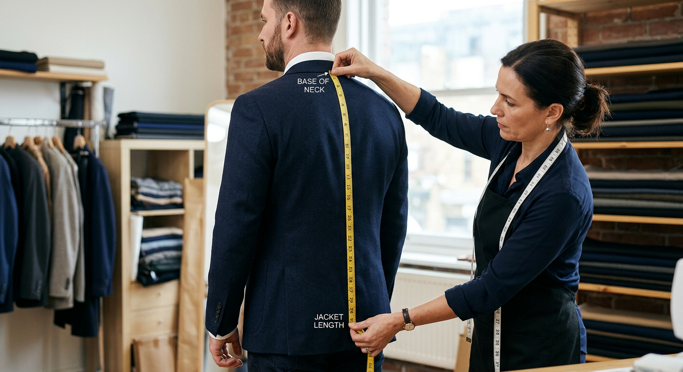 Visual guide still for jacket length measurement. Measuring from the base of the neck down the spine. Professional tailor measuring a client, bright studio light.