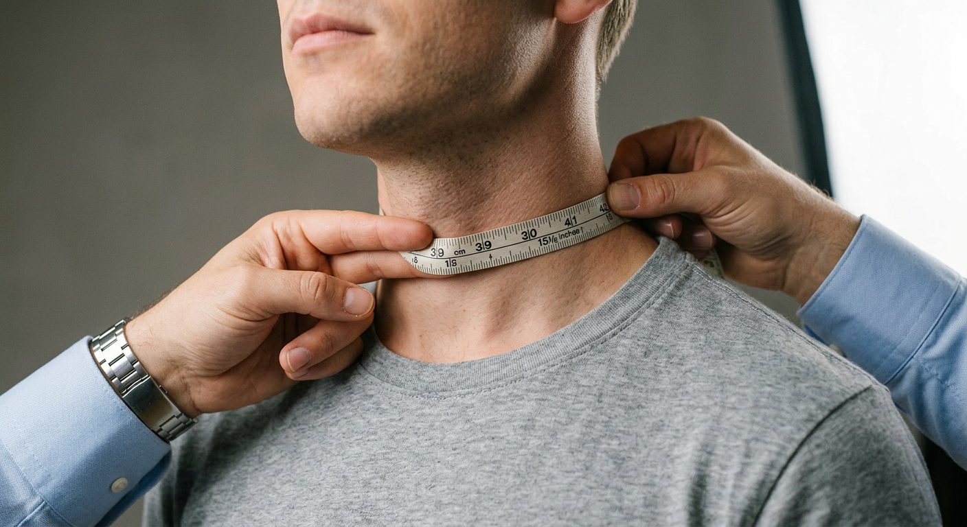 Detailed shot of neck measurement for a dress shirt. Tape measure around the base of the neck, two fingers spacing shown. Educational studio photography.
