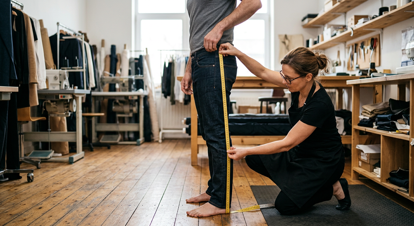 Demonstration of trouser outseam measurement. Measuring from the waist to the floor along the outside of the leg.