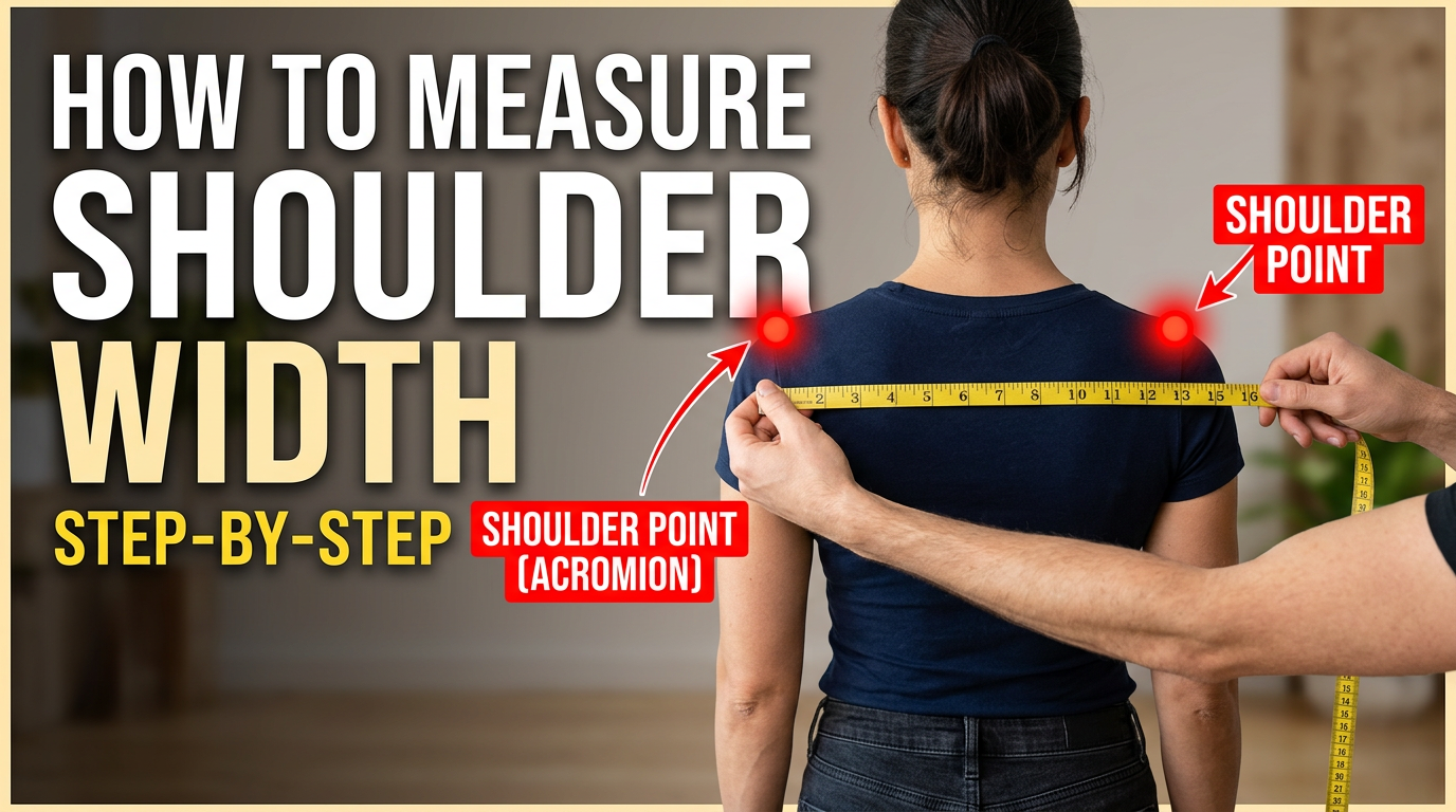 Tutorial video thumbnail showing how to measure shoulder width. Tape measure across the back from shoulder point to shoulder point. Clear, educational style, focused on the measurement points.