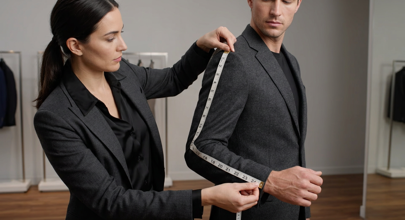 Video demonstration of sleeve length measurement. Measuring from the shoulder point down to the wrist bone, arm slightly bent. High-end fashion tutorial aesthetic.