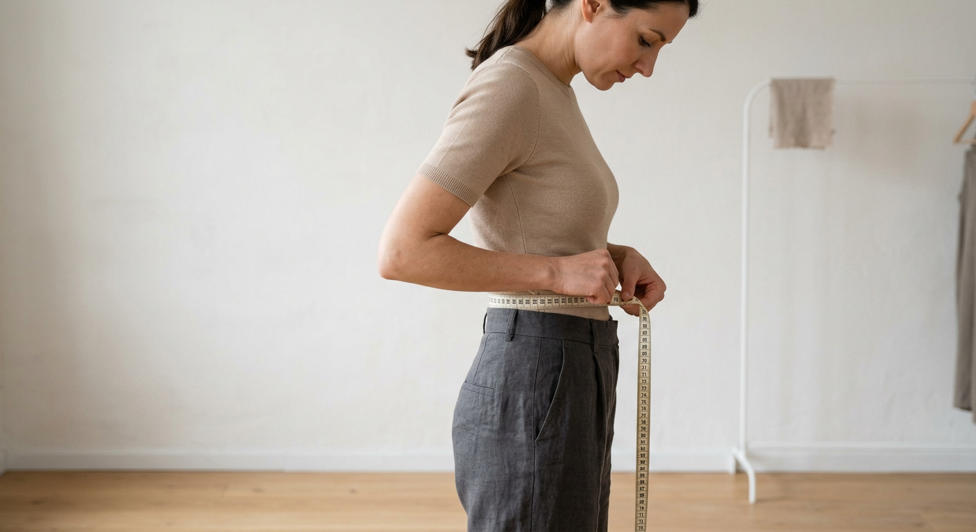 Educational photo showing where to measure the trouser waist. Tape measure around the hips, parallel to the floor. Neutral tones, minimalist background.