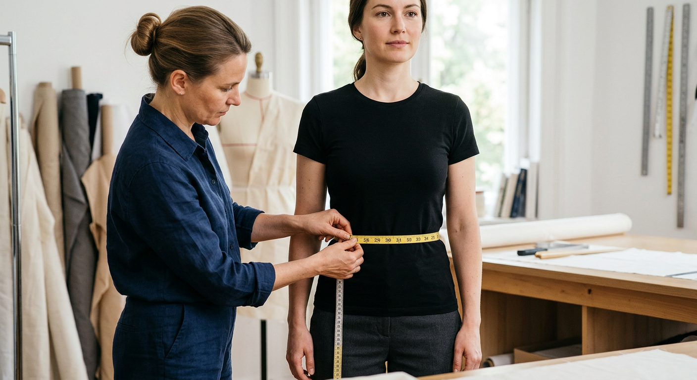 Instructional photo for natural waist measurement. Tape measure around the narrowest part of the torso. Professional editorial tutorial style.